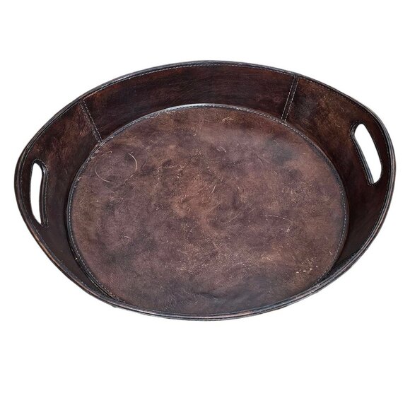 Leather Darien Luxury Bar Oval Serving Brown Handle Tray - Picture 3 of 8